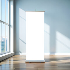 Rollup banners stand mockup. Blank clear white rollup poster with space for logo or text near glass window on wooden floor with light blue wall in empty room
