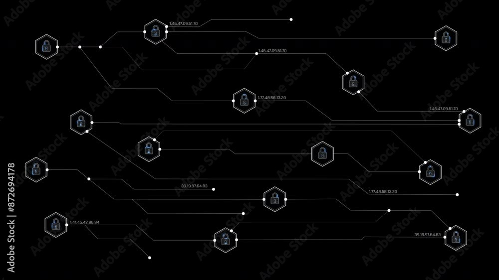 Poster padlock with random digital binary 0 1 element technology and security concept