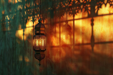 group of Ramadan lanterns hanging on cultural background