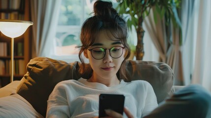 Young beautiful woman using mobile phone apps, texting message, browsing internet, watching video,tapping,looking at smartphone sitting at home. Studying online, remote working, courses online. 
