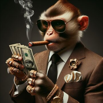 A rich monkey with a dollar money and glasses smoking a cigar, wearing a hat and sunglasses, exuding a gangster vibe