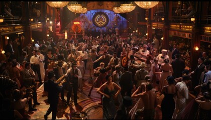 A 1920s themed party with dancing, live music, and colorful lights, capturing the essence of the roaring twenties AIG58