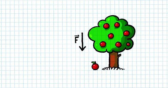 Cartoon apple tree with falling fruit exercise book grid . Physics, chemistry. Experiment illustrating physical process &ndash; gravity force.  Cartoon good for educational meterials, etc...