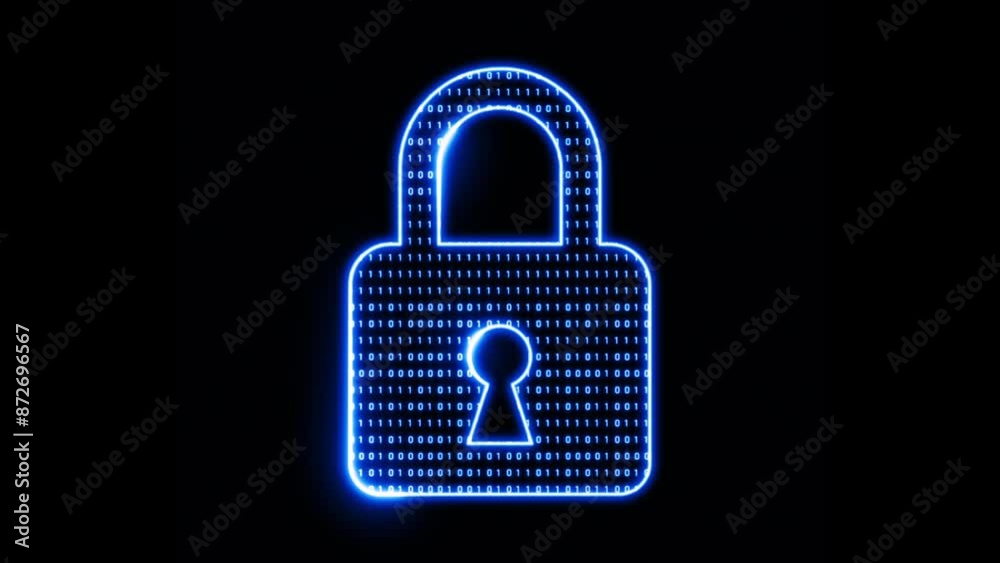 Poster padlock with random digital binary 0 1 element technology and security concept