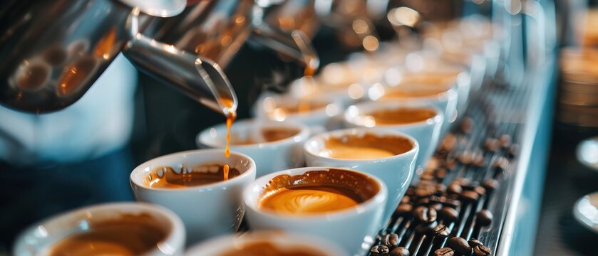 Barista competition: High res image showcasing the skills of competing baristas in coffee culture, with glossy backdrop Photo Stock Concept