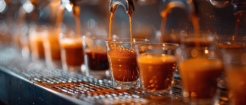 Barista competition: High res image showcasing the skills of competing baristas in coffee culture, with glossy backdrop Photo Stock Concept