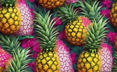 Pineapples and flowers. Seamless pattern of tropical fruits.