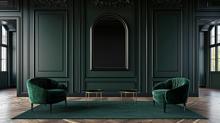Elegant living room with dark green walls, modern furniture, and large windows.