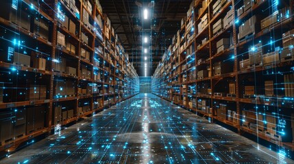 High-Tech Warehouse with Digital Overlay - Generative AI