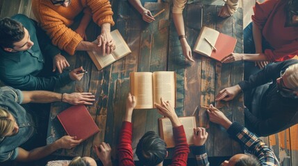 A group of diverse people are sitting around a wooden table reading books and having a discussion. AIG535
