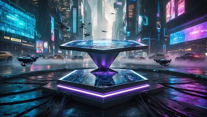 Neon-Lit Holographic Podium in Dystopian Megacity. Cyberpunk. Display. Futuristic. Hologram. Urban