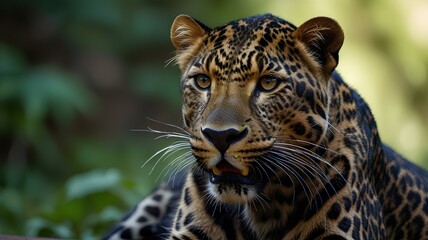 Fototapeta premium The leopard or panther isolated on blur summer background.