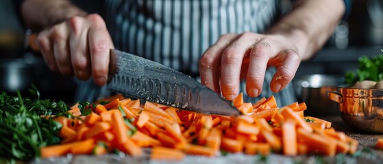 Closeup of a celebrity chefs precise knife skills as they julienne carrots for a live streamed cooking tutorial
