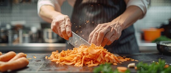 Closeup of a celebrity chefs precise knife skills as they julienne carrots for a live streamed cooking tutorial