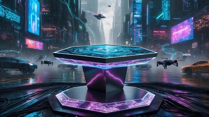 Nano-Tech Presentation Disk Hovering in Cybernetic Bazaar. Technology. Marketplace. Futuristic. Display. City