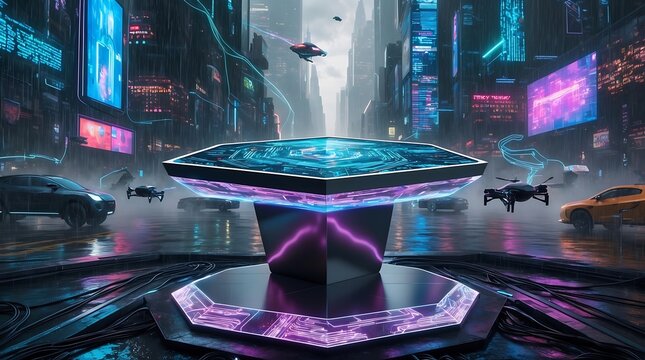 Nano-Tech Presentation Disk Hovering in Cybernetic Bazaar. Technology. Marketplace. Futuristic. Display. City