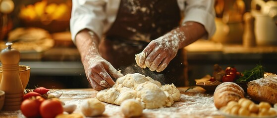 Obraz premium A skilled individual is carefully kneading dough and shaping bread on a wooden table, surrounded by various baking ingredients and utensils