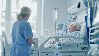 Obraz premium Homme malade âgé hospitalisé en soin intensif dans un lit d'hôpital avec un médecin bienveillant