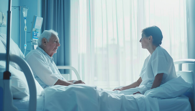Patiente malade  dans un lit d'h&ocirc;pital souriant et parlant &agrave; une infirmi&egrave;re ou un docteur