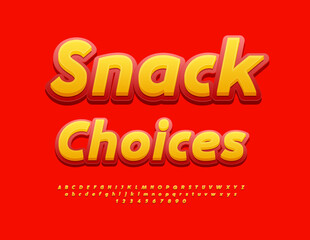 Vector advertising poster Snack Choices. Yellow and Red Bright Font. Artistic Alphabet Letters and Numbers set.