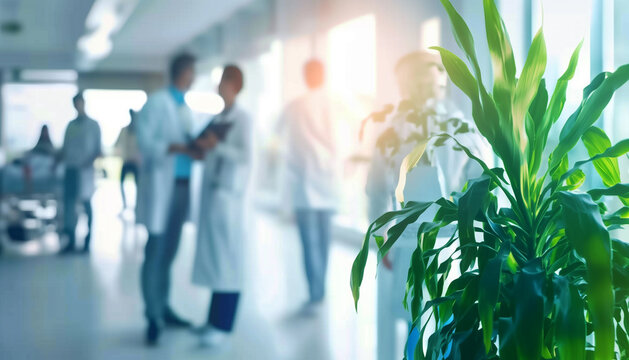 M&eacute;decins en train de discuter discr&egrave;tement dans les locaux m&eacute;dical d'un h&ocirc;pital avec du personnel soignant