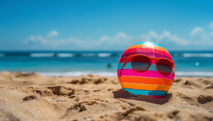 Ballon coloré avec des lunettes de soleil sur une plage de sable fin au bord de la mer