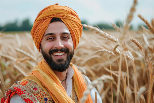 happy indian farmer standing at wheat farm