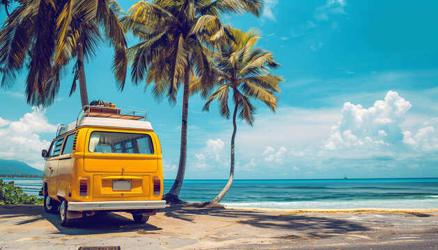 Exp&eacute;dition roadtrip et voyage avec un fourgon am&eacute;nag&eacute; gar&eacute; devant une plage avec des palmiers