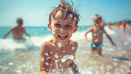 Enfant heureux et souriant en vacances qui joue dans les vagues de la mer au bord de la plage