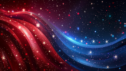 Wavy background of blue and red stripes and stars. Idea for Memorial Day, 4th of July or Labor Day.