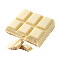 Smooth and rich white chocolate bar with broken pieces isolated on transparent background	