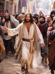 Jesus leading a crowd down an ancient street, joyful expressions on faces. Historical reenactment, cultural heritage, ancient history, community gathering, joyful celebration concept.