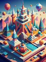 Enchanting Digital Artwork of a Surreal Fantasy Landscape with Hot Air Balloons