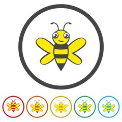 Cute bee logo. Set icons in color circle buttons