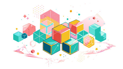 Fototapeta premium Vibrant Abstract Cubes Floating on Splattered Watercolor Background