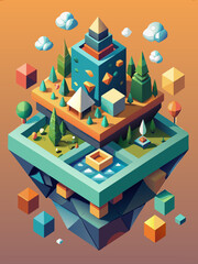 Colorful Isometric Miniature World Illustration with Floating Elements