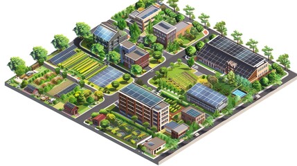 A vector concept of an eco-friendly urban neighborhood with solar panels, green roofs, and community gardens.