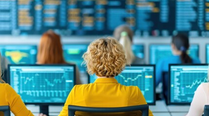 A diverse team of professionals working at computer screens displaying complex data and graphs in a vibrant, data-driven environment.