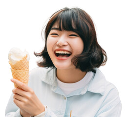 PNG Japanese woman travel food laughing outdoors.