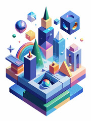 Vibrant Isometric Abstract World with Floating Geometric Shapes