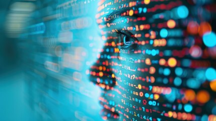 Close-up of a human face immersed in rows of colorful digital data and binary code, representing AI involvement in data analysis.