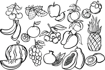 This collection of hand-drawn style illustrations features various fruits depicted in black and white line art