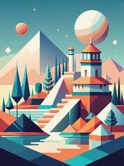 Surreal Landscape with Mountains, Lighthouse, and Planets
