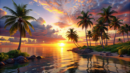 Tropical sunset with palm trees by the beach