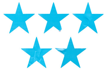 A set of blue star shape paper sticker label isolated on white background.	
