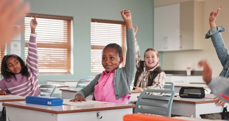 Student, question and excited in classroom group, answer and education for learning in lesson. Help, raising hand and teacher for knowledge and discussion, girl person and quiz for mathematics