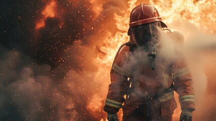 Firefighter at work, spraying water on fire.