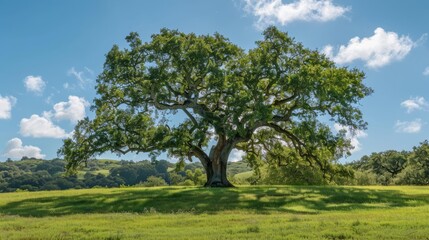 Fototapeta premium A giant tree stands in the middle of a grassy field under a blue sky