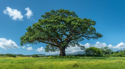 Fototapeta premium A giant tree stands in the middle of a grassy field under a blue sky
