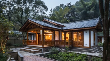 A small wooden house in the forest, wooden structure with white partition walls, a small attic of modern style western Sichuan residential houses,